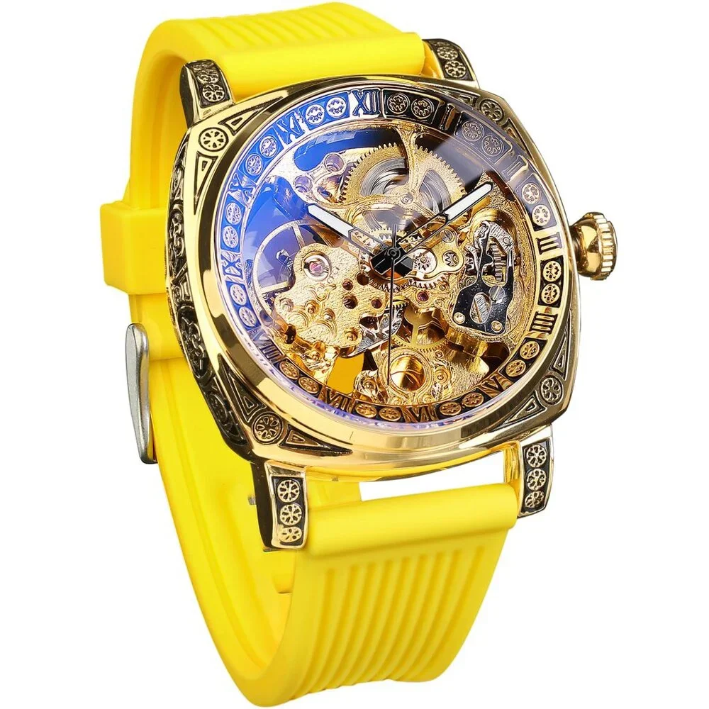 Men's Square Skeleton Automatic Watch, Stainless Steel Case, Leather Strap